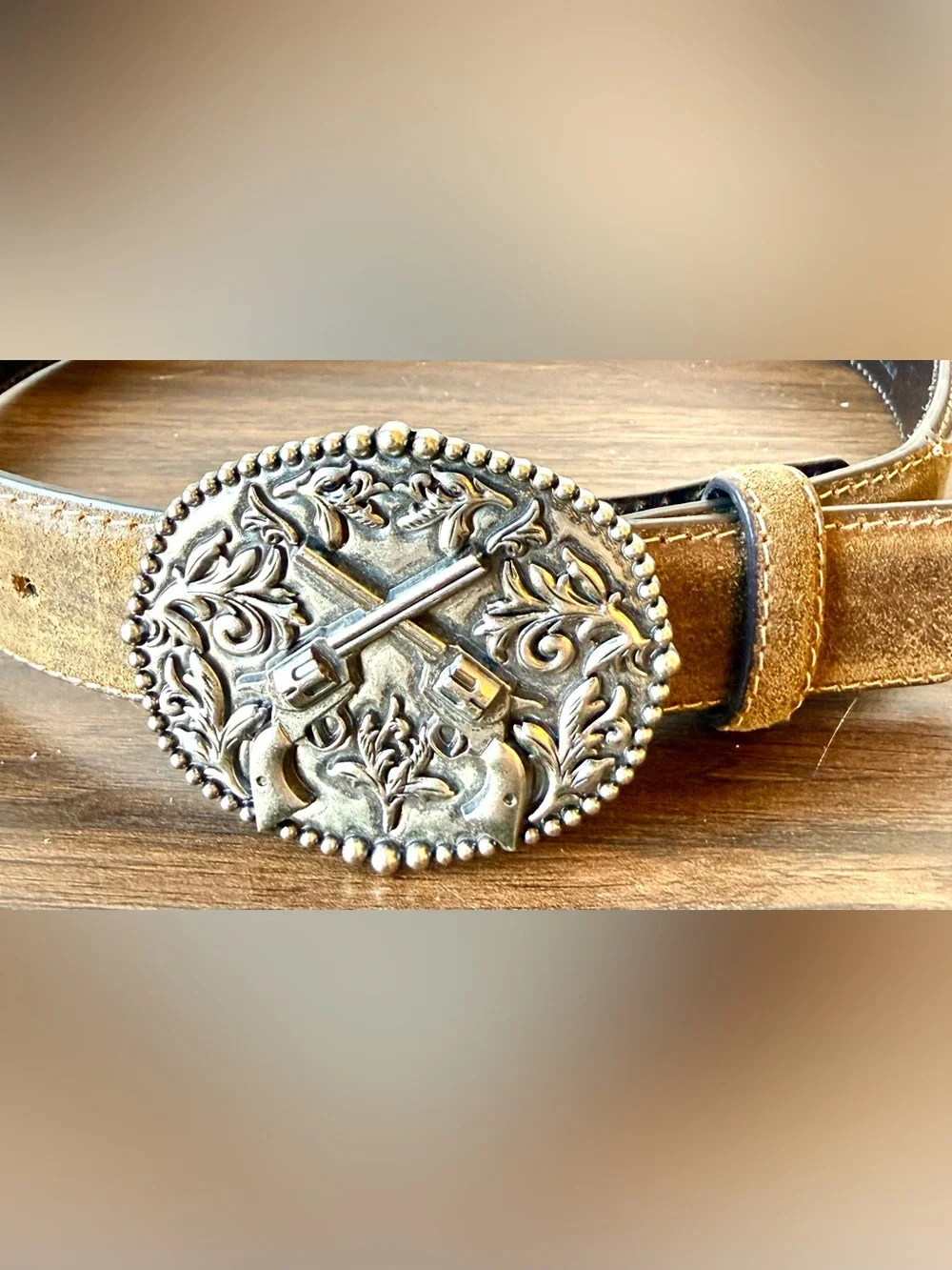 Women's Tan Leather Belt with Ornate Silver Western Buckle Size 24